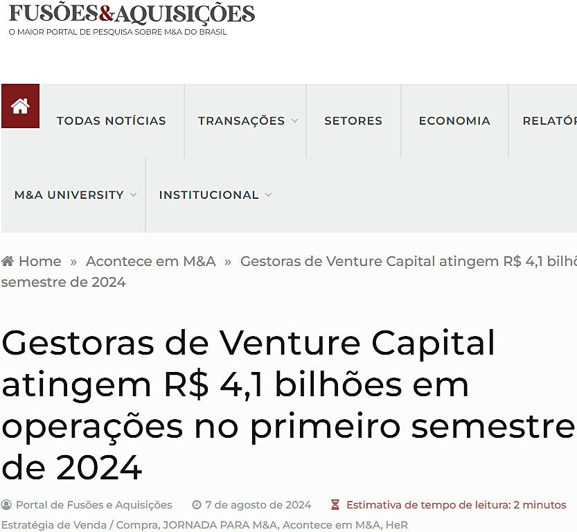 Gestoras de Venture Capital atingem R$ 4,1 bilhes em operaes no primeiro semestre de 2024